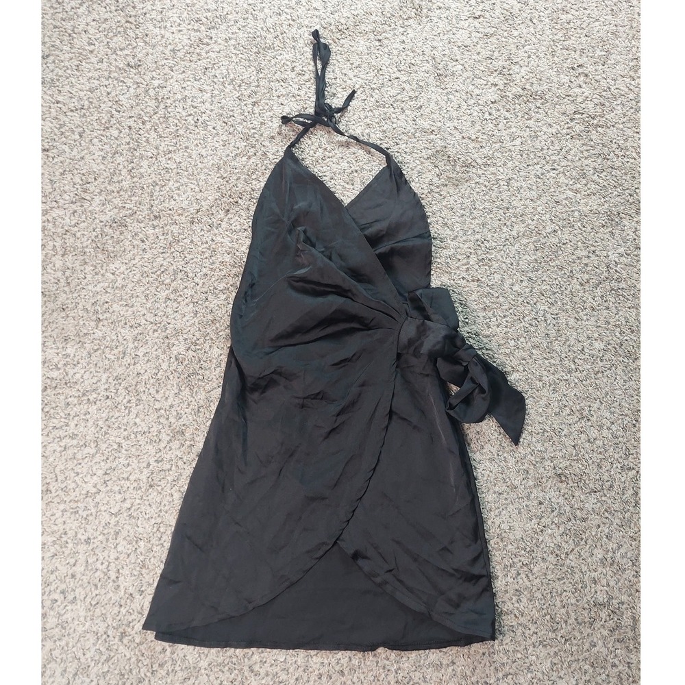 PrettyLittleThing Wrap Halter Mini Dress 0 Black Womens Party Satin Look Tie